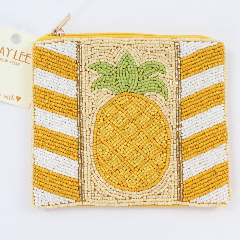 Kay Lee New York Yellow Pineapple Beaded Coin Purse/Cosmetic Bag NWT Made ❤️ Ind